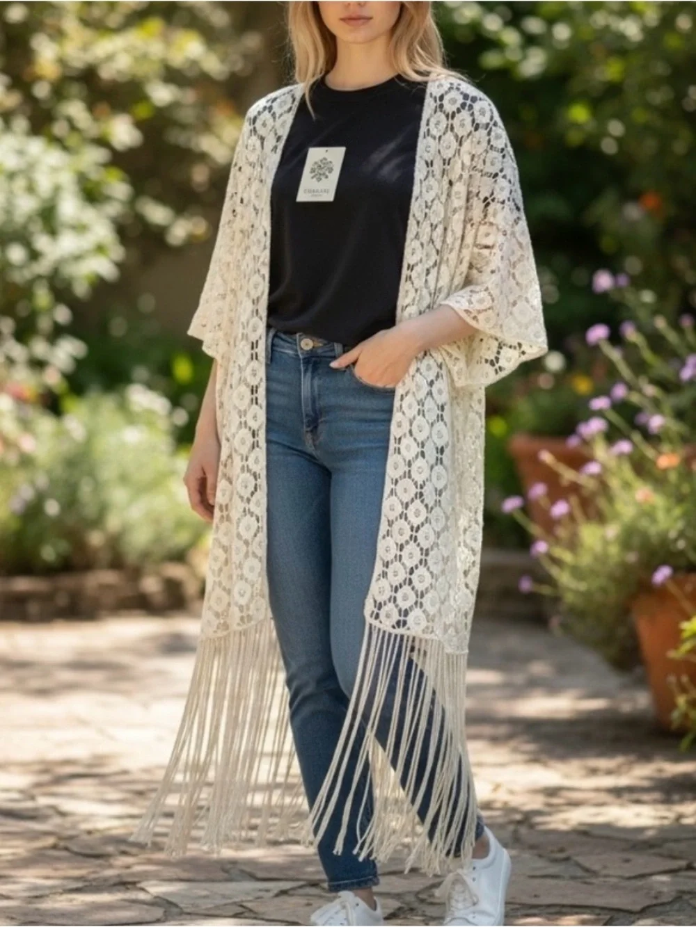 Rebellion Again 100% cotton fringe boho crochet kimono duster Small NWOT - Picture 2 of 14